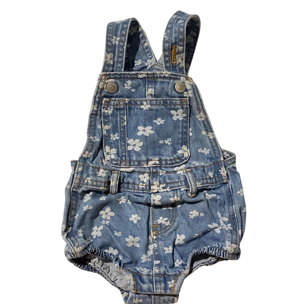 Old Navy Baby Girls Floral Denim Shortalls Romper Blue White 12-18 Months
